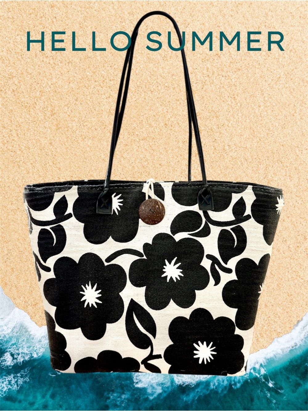 Sun & Sand Black & Cream Floral Beach Pool Vacation Shopping Tote Bag 15”x14”x6”